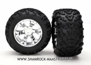 Traxxas Tires and wheels, assembled, glued (Geode chrome wheels, Maxx tires (6.3inch outer diameter), foam inserts) (2) (use with 17mm splined wheel hubs and nuts, part 5353X and beadlock-style sidewall protectors, part #5665, 5666, 5667) - TRX5674