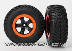 Traxxas Tires and wheels, assembled, glued (SCT black, orange beadlock wheels, dual profile (2.2" outer, 3.0" inner), SCT off-road racing tire, foam inserts) (2) (4WD f/r, 2WD rear) (TSM rated) - TRX5863