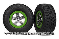 Traxxas  Tires and wheels, assembled, glued (SCT, chrome, green beadlock wheel, BFGoodrich Mud-Terrain T/A KM2 tire, foam inserts) (2) (2WD front only) - TRX5865