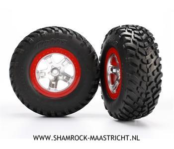Traxxas Tires and wheels, assembled, glued (SCT satin chrome red beadlock wheels, ultra-soft S1 compound off-road racing tires, inserts) (2) (2WD rear, 4WD f/r) - TRX5873R