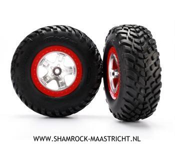 Traxxas  Tires & wheels, assembled, glued (SCT satin chrome, red beadlock wheels, ultra-soft S1 compound off-road racing tires, foam inserts) (2) (2WD front) - TRX5875R