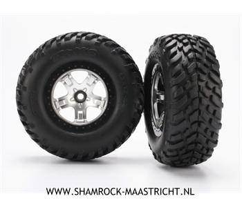 Traxxas Tires & wheels, assembled, glued (SCT satin chrome, black beadlock style wheels, SCT off-road racing tires, foam inserts) (2) (2WD front) - TRX5875X