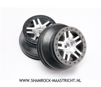 Traxxas  Wheels, SCT Split-Spoke, satin chrome, black beadlock style, dual profile (2.2" outer, 3.0" inner) (2WD front) (2) - TRX5876