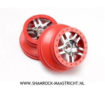 Traxxas  Wheels, SCT Split-Spoke, chrome, red beadlock style, dual profile (2.2