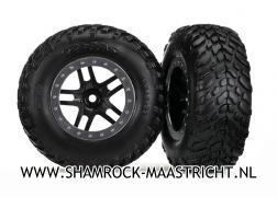 Traxxas  Tires and wheels, assembled, glued (SCT Split-Spoke black, satin chrome beadlock style wheel, dual profile (2.2