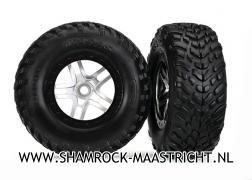 Traxxas  Tires and wheels, assembled, glued (S1 compound) (SCT Split-Spoke black, satin chrome beadlock style wheel, dual profile (2.2inch outer, 3.0inch inner),SCT off-road racing tires, foam inserts) (2) (4WD f/r, 2WD rear) (TSM rated) - TRX5889R