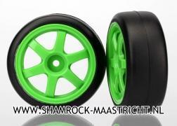 Traxxas Tires and wheels, assembled, glued (Volk Racing TE37 green wheels, 1.9 Gymkhana slick tires) (2) - TRX7375A