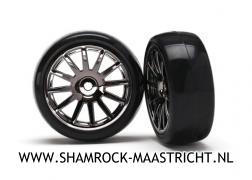 Traxxas Tires and wheels, assembled, glued (12-spoke black chrome wheels, slick tires) (2) - TRX7573A