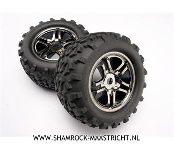Traxxas  Tires and wheels, assembled, glued (SS (Split Spoke) black chrome wheels, Maxx tires (6.3