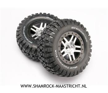 Traxxas Tires & wheels, assembled, glued (SCT Split-Spoke, satin chrome, black beadlock wheels, BFGoodrich Mud-Terrain T/A KM2 tires, foam inserts) (2) (2WD front) - TRX5877