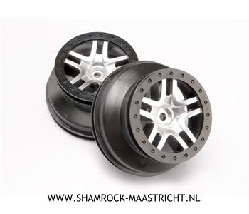 Traxxas  Wheels, SCT Split-Spoke, satin chrome, black beadlock style, dual profile (2.2inch outer, 3.0inch inner) (4WD front/rear, 2WD rear only) (2) - TRX6872