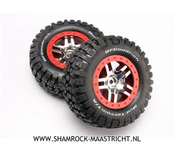 Traxxas Tires and wheels, assembled, glued (SCT Split-Spoke chrome, red beadlock style wheels , BFGoodrich Mud-Terrain T/A KM2 tires, foam inserts) (2) (4WD f/r, 2WD rear) - TRX6873A