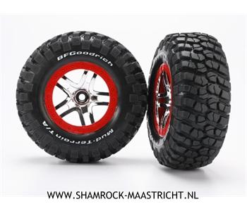 Traxxas Tires and wheels, assembled, glued (S1 ultra-soft, off-road racing compound) (SCT Split-Spoke chrome, red beadlock style wheels, BFGoodrich Mud-Terrain T/A KM2 tires, foam inserts) (2) (4WD f/r, 2WD rear) - TRX6873R