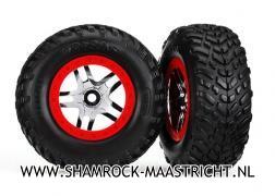 Traxxas Tires & wheels, assembled, glued (SCT Split-Spoke chrome, red beadlock style wheels, dual profile (2.2" outer, 3.0" inner), SCT off-road racing tires, foam inserts) (2) (4WD f/r, 2WD rear) (TSM rated) - TRX6891